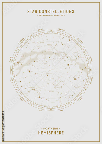 Northern hemisphere. High detailed star map of vector constellations. Astrological celestial map with symbols and signs of zodiac