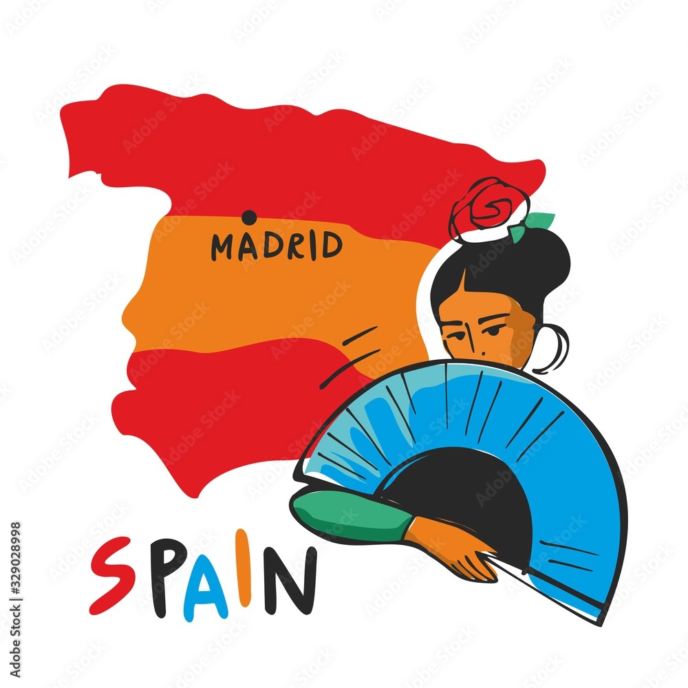Fototapeta premium Spanish girl with a fan in her hand and a rose on her head on the background of the map of Spain. Concept of Spanish characters drawn. Elements for travel guides. Flat cartoon vector illustration.