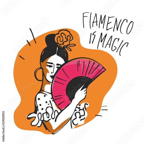Flamenco dancer with a fan in her hands and a rose in her head hand-drawn on yellow background for a poster or baner. Concept of traditional Spanish culture. Vector illustration