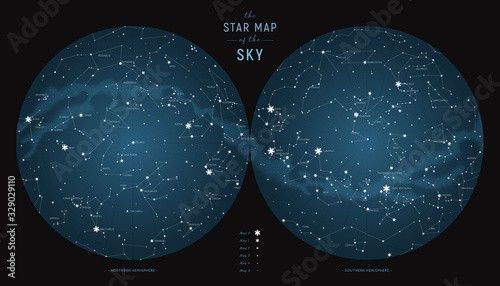 Star constellations around the poles. Nothern and Southern high detailed star map with symbols and signs of zodiac.
