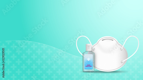 Alcohol Gel Hand Sanitizer and Disposable Hygienic or medical Mask on green background . Vector illustration . 
