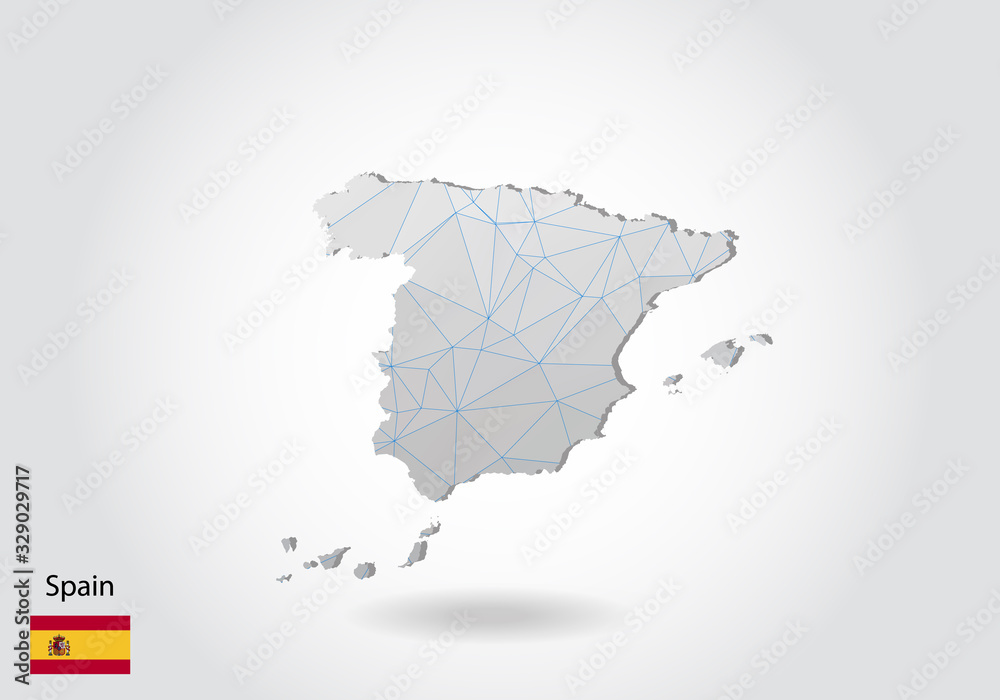 Vector polygonal Spain map. Low poly design. map made of triangles on white background. geometric rumpled triangular low poly style gradient graphic, line dots, UI design.
