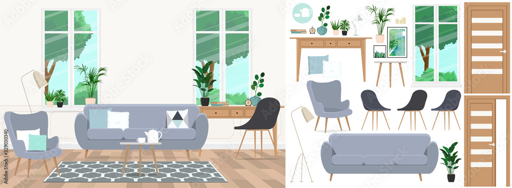 Εκτύπωση καμβά A set of furniture and decor to create a living room interior with a workplace