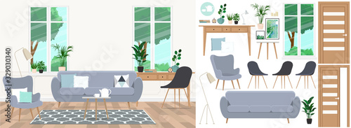A set of furniture and decor to create a living room interior with a workplace.