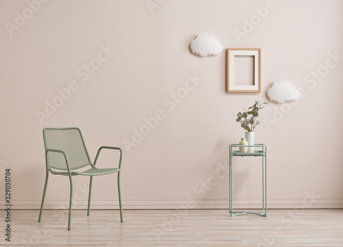 Coffee table and chair concept in the pink wall background style.