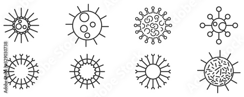 Virus, bacteria or microbe outline icons set.