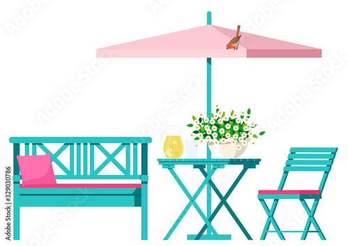 Garden furniture bench, chair with table under umbrella.
