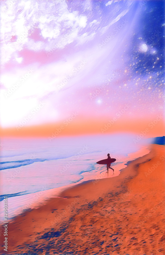 Vertical book cover design template. Fantasy landscape of surfer silhouette  walking on the beach of alien planet - digital illustration. Elements of this image furnished by NASA