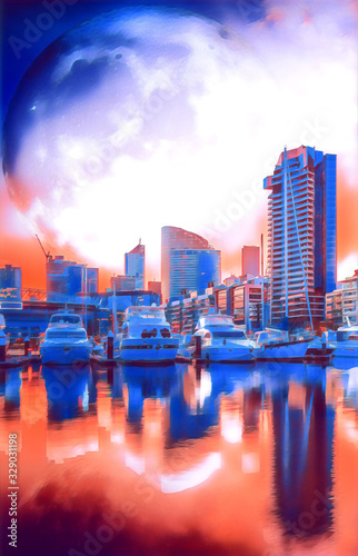 Digital illustration for e-book cover template. Landscape of the future - high rise buildings and moored yachts with huge alien planet in the sky reflecting . Elements of this image are furnished by N