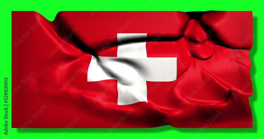 Green screen hiper realistic loop of Switzerland flag waving in the wind swiss flag fluttering with highly detailed fabric texture animation 3d