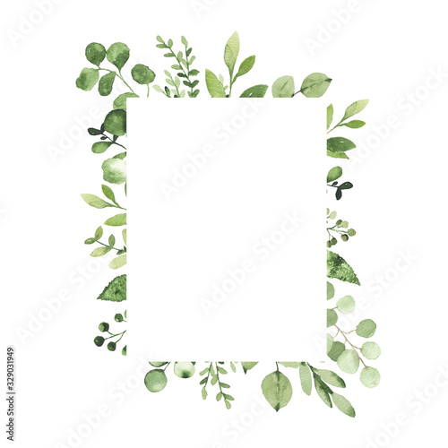 Watercolor geometrical frame with greenery leaves branch twig plant herb flora isolated on white background. Botanical spring summer leaf decorative illustration for wedding invitation card