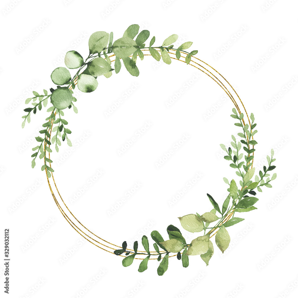 Φωτογραφία Watercolor gold geometrical wreath with greenery leaves branch twig plant herb flora isolated on white background