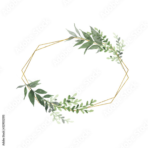 Watercolor gold geometrical wreath with greenery leaves branch twig plant herb flora isolated on white background. Botanical spring summer leaf decorative illustration for wedding invitation card