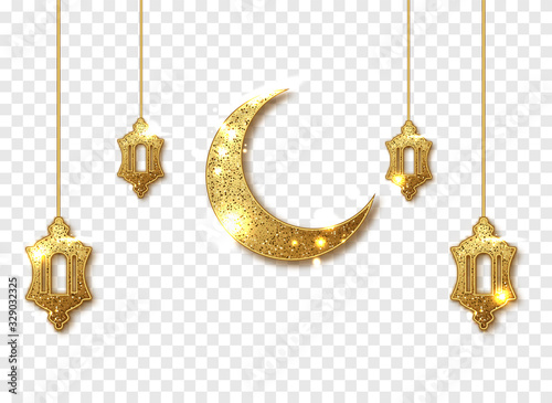 Ramadan Kareem decoration isolated. Gold shiny glitter glowing Crescent Islamic with Traditional Lanterns lamps. Vector frame for party posters, headers, banners