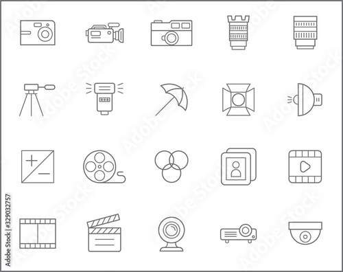 Set of camera and movie Icons line style.  It contains such Icons as media, photos, lighting, lens, film, video and other elements. Customize color and easy to resize.
