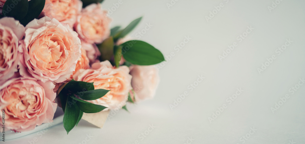 Elegant bouquet of a lot of peonies of pink color close up. Beautiful flower for any holiday. Lots of pretty and romantic flowers.