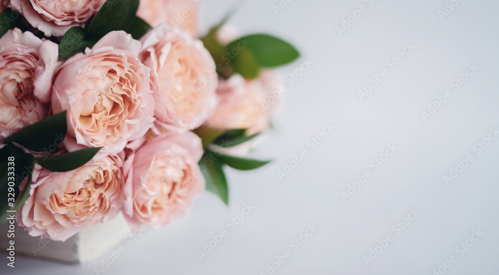 Elegant bouquet of a lot of peonies of pink color close up. Beautiful flower for any holiday. Lots of pretty and romantic flowers.