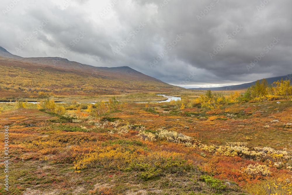 autumn view of Sarek National Park, Lapland, Norrbotten County, Sweden, near border of Finland, Sweden and Norway. selective focus autumn view of Sarek National Park, Lapland, Norrbotten County, Sweden, near border of Finland, Sweden and Norway. selective focus