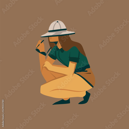 Hand drawn vector stock abstract graphic illustration with a girlgirl squatting and watching safari wildlife isolated on background