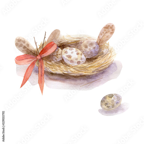 Easter spring watercolor illustration of a bird's nest with brown eggs, branches, and feathers. Invitation card, postcard, background.
