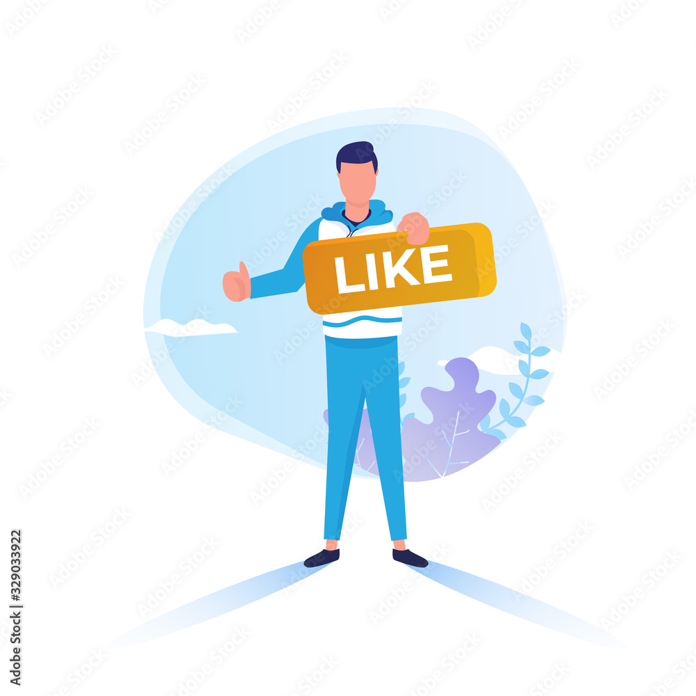 Flat design young man with a like sign for business character Flat design young man with a like sign for business character