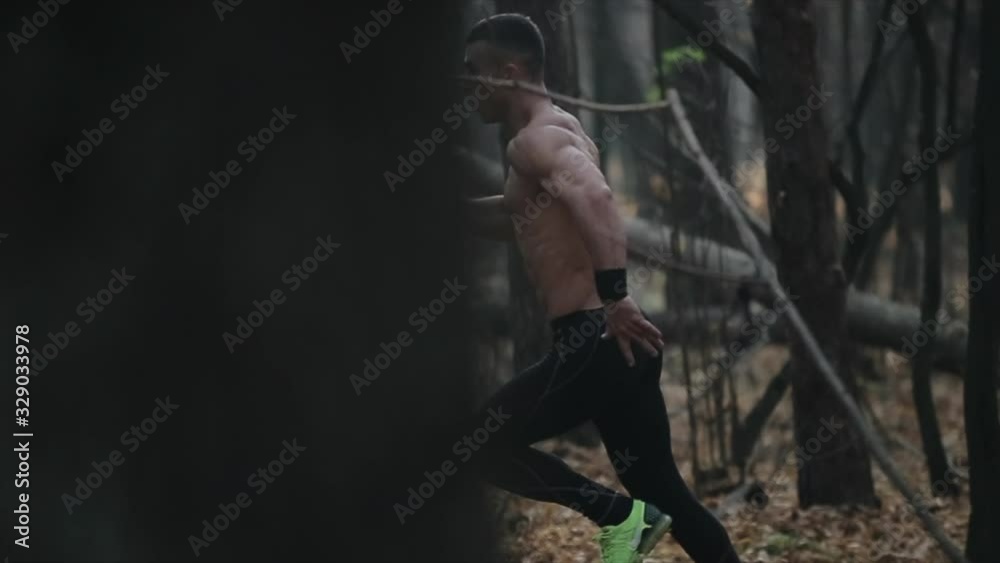 young muscular runner runs in the forest. Running between the trees. young muscular runner runs in the forest. Running between the trees.