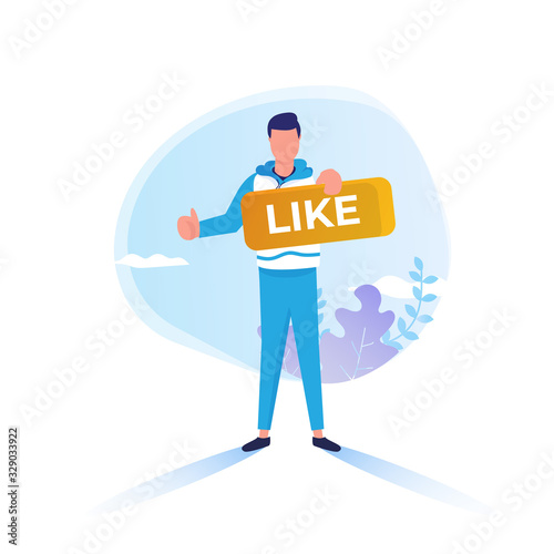 Flat design young man with a like sign for business character