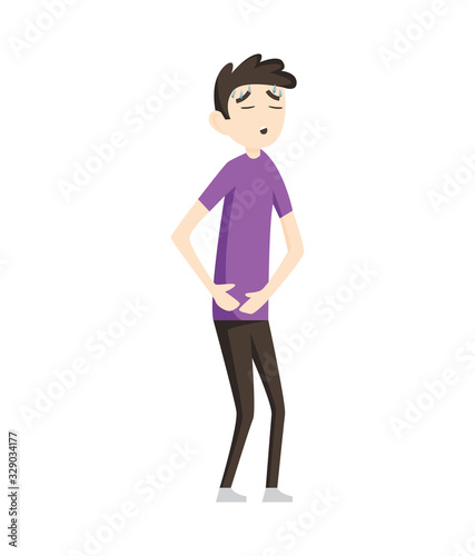 Man having stomachache symptoms of appendicitis with large, small intestine and appendix. Young man clutched his stomach. Abdominal pain. Appendix disease, emergency case