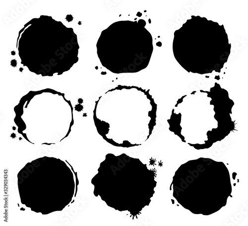 Coffee black stains. Dirty cup splash ring stain or coffee stamp, dirt watercolor latte or tea spots. Coffee ring stain for card, logo, list, menu
