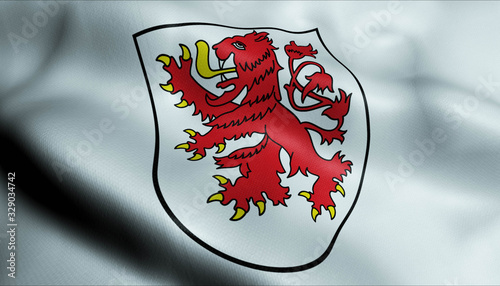 3D Waving Germany City Coat of Arms Flag of Herzogenrath Closeup View photo