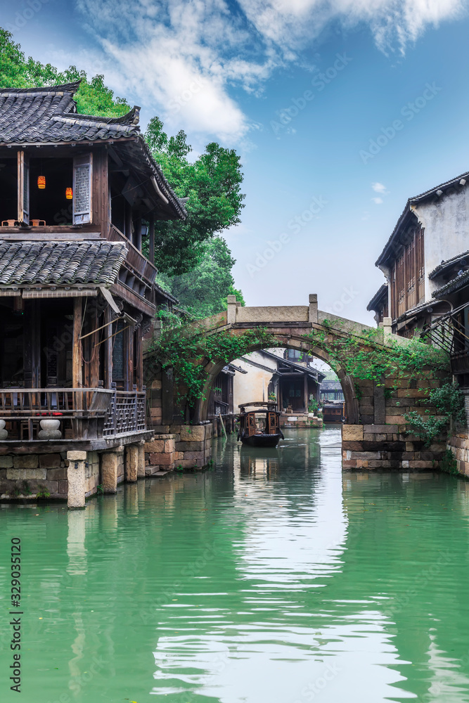 Ancient rivers and residential buildings in Wuzhen, Zhejiang Province..