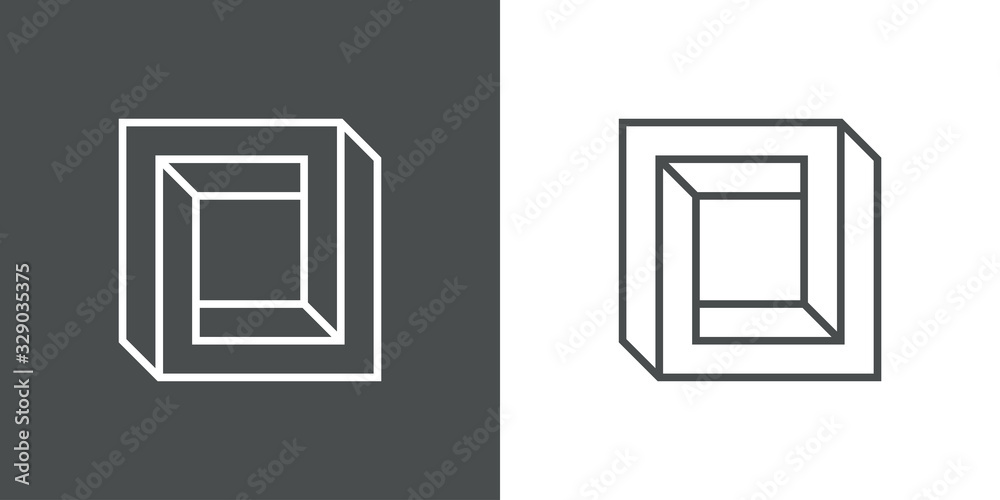 Icono lineal cuadrado tridimensional en perspectiva imposible en fondo gris y fondo blanco