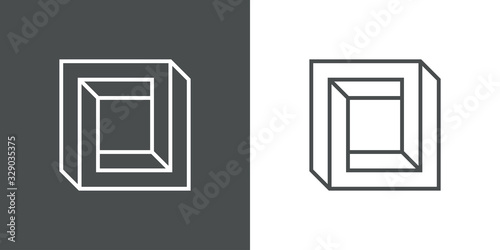 Icono lineal cuadrado tridimensional en perspectiva imposible en fondo gris y fondo blanco
