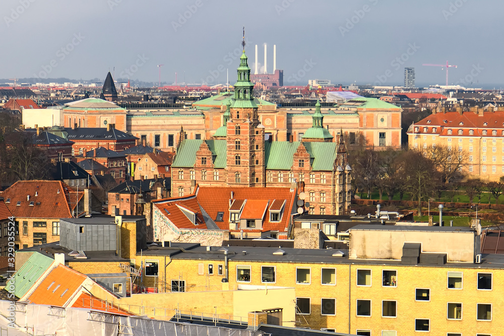 Aerial view of Copenhagen from the top of Round Tower Rundetaarn. Copenhagen, Denmark. February 2020