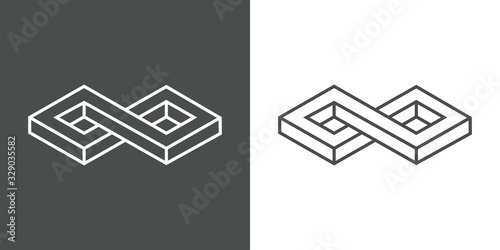 Icono lineal símbolo infinito tridimensional en perspectiva imposible en fondo gris y fondo blanco