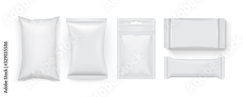 collection of different white food packaging isolated on white background mock up template