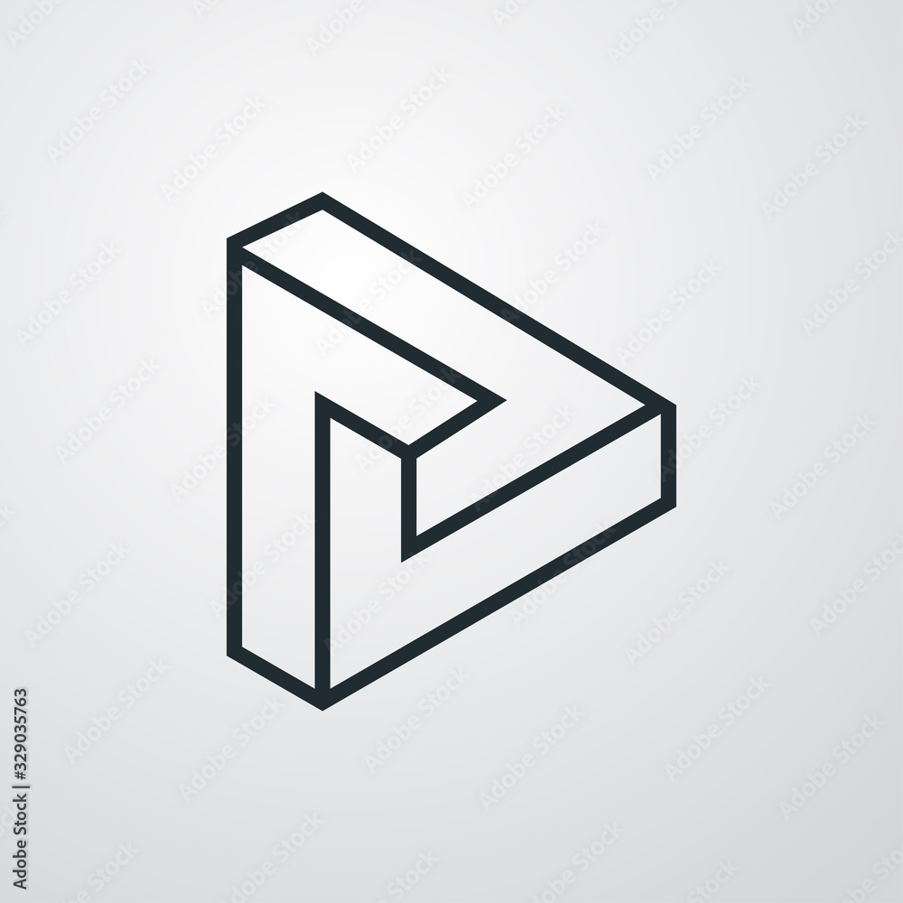 Icono lineal triángulo tridimensional en perspectiva imposible en fondo gris