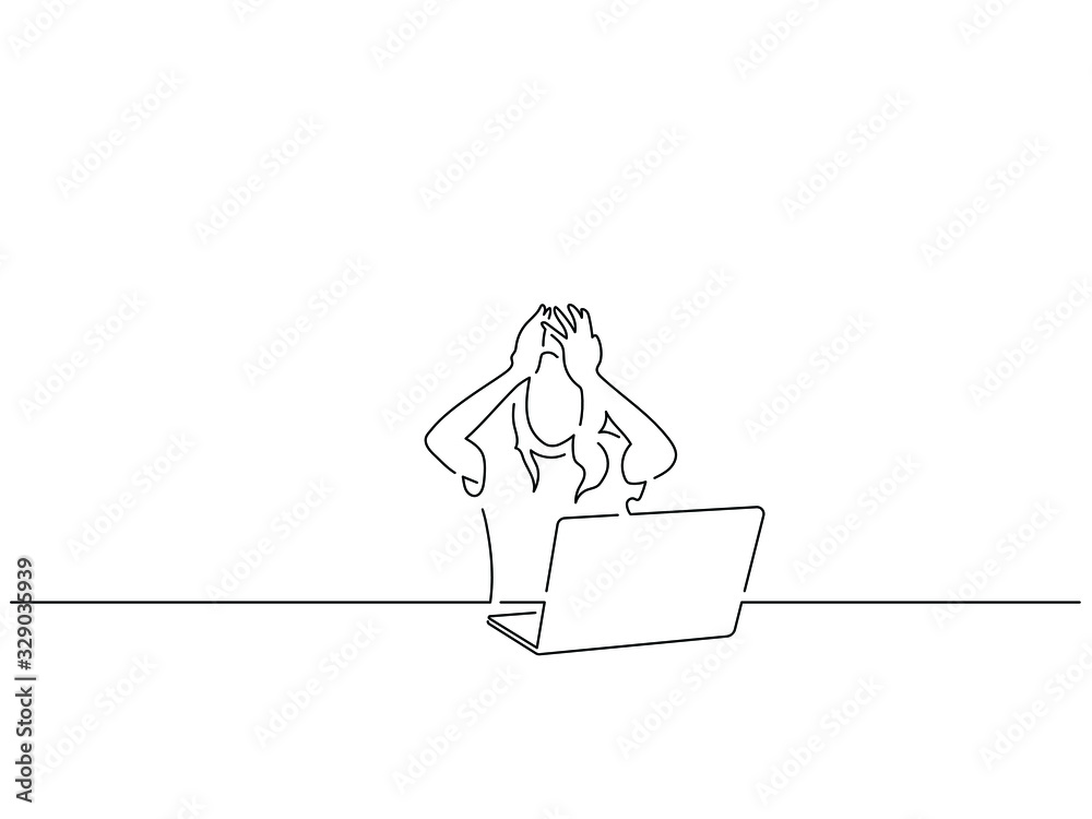 Woman using a laptop isolated line drawing, vector illustration design. Technology collection.