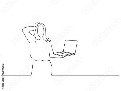 Woman using a laptop isolated line drawing, vector illustration design. Technology collection.