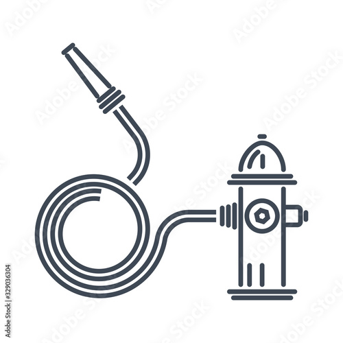 Thin line icon fire hydrant with water hose and nozzle