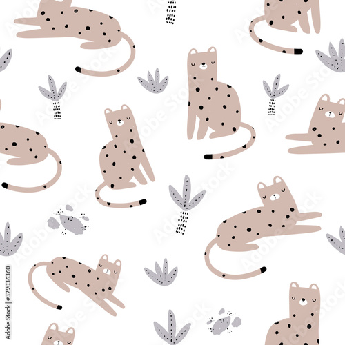 Photography Vector color hand-drawn seamless repeating childish pattern with cute leopards and leaves in Scandinavian style on a white background