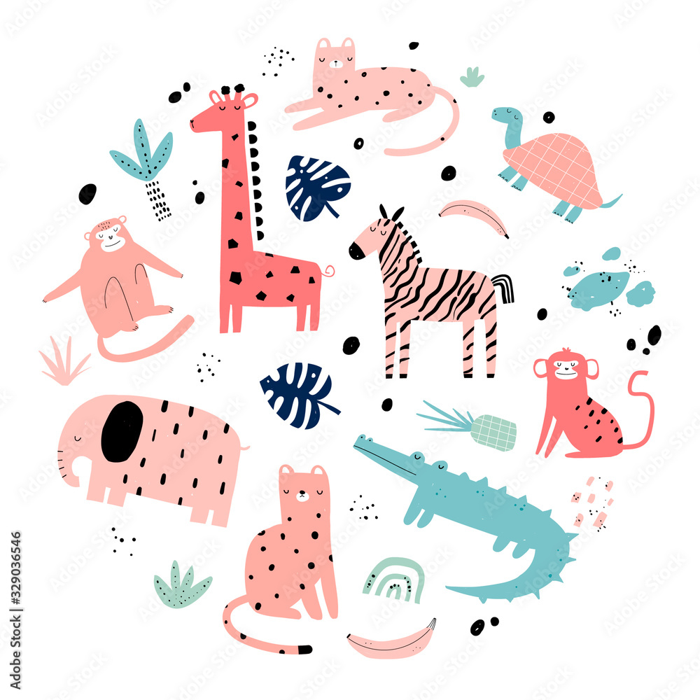 Obraz Wektor ręcznie rysowane kolorowe dzieci prosty zestaw z uroczymi afrykańskimi zwierzętami i roślinami w stylu skandynawskim na białym tle. Słoń, lampart, żółw, zebra, małpa, krokodyl. Zwierzęta z kreskówek.