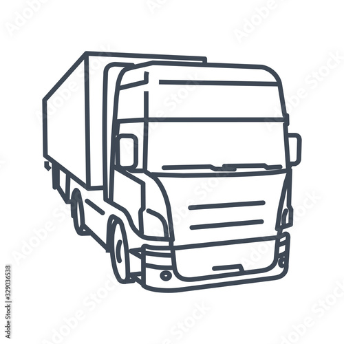 Thin line icon freight road land transport, truck and trailer
