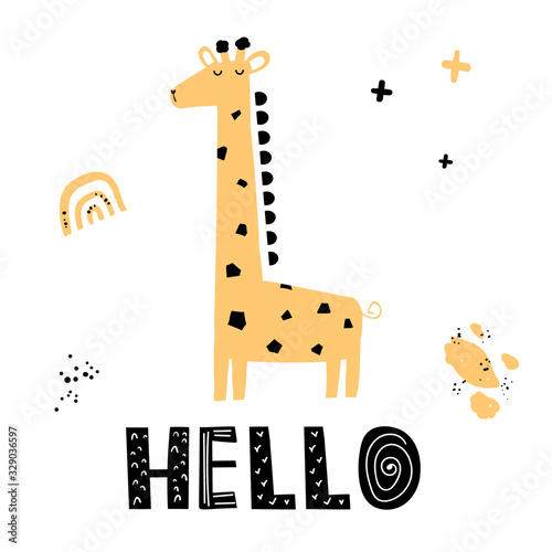 Vector color hand-drawn children’s illustration, print, card with a cute giraffe, crosses, rainbow and lettering hello in Scandinavian style on a white background. Cute baby animals. Giraffe print