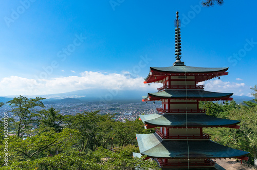 Beautiful landscape with Shureito pagoda and Mount Fuji