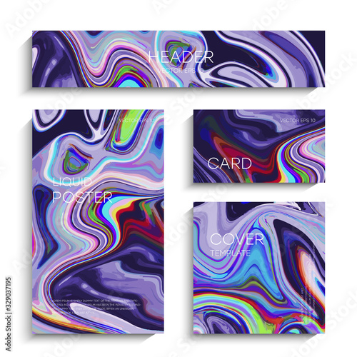 Abstract liquid painting, can be used as a trendy background for wallpapers, posters, cards, invitations, websites. Modern artwork. Marble effect painting. Mixed blue, purple and red paints. EPS 10 ve