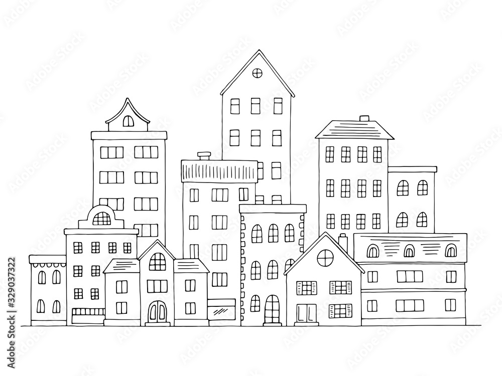 Town graphic black white cityscape skyline sketch illustration vector