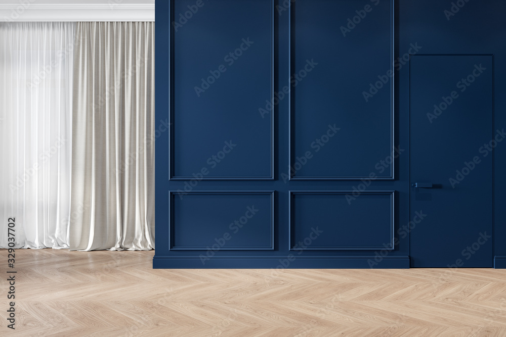 Modern classic blue interior blank wall with moldings, curtains, hiden door and wood floor. 3d render illustration mock up. Modern classic blue interior blank wall with moldings, curtains, hiden door and wood floor. 3d render illustration mock up.