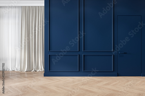 Modern classic blue interior blank wall with moldings, curtains, hiden door and wood floor. 3d render illustration mock up. photo