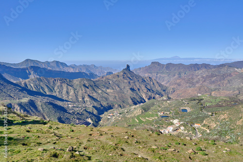 Scenic view of Pico de las Nieves - the highest peak on the island of Gran Canaria on Canary Islands in Spain. Beautiful summer sunny look of mountains of islands in Athlantic ocean